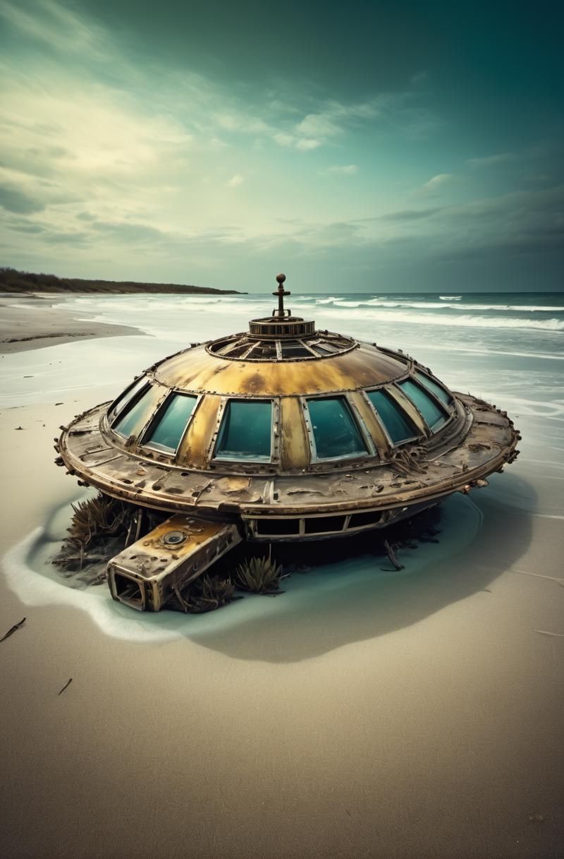 00117-A crashed steampunk UFO Spaceship, Liquid chrome finish, Underwater, buried in the sand, weathered, decayed, plant overgrown lik.png